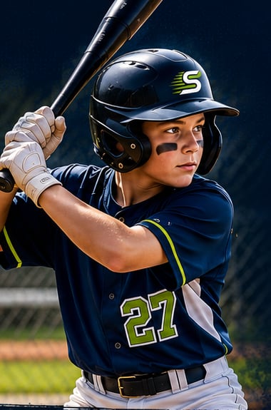 Young baseball player in a navy Spurt uniform waiting at the plate