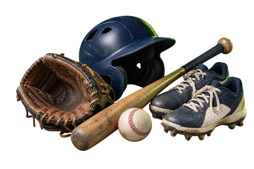 Outgrown baseball glove, helmet, bat, ball and cleats