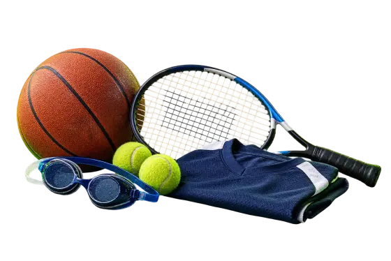 Basketball, tennis racket, goggles and a folded jersey