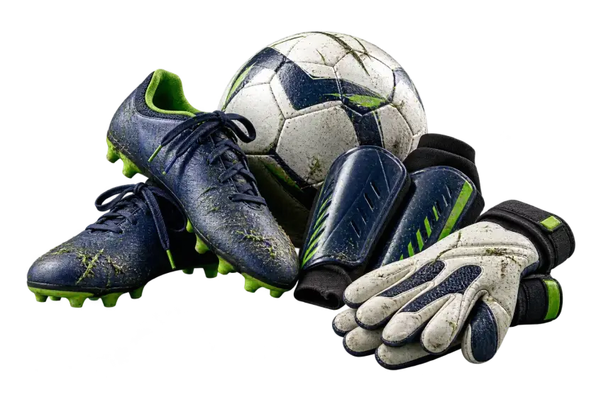 Well-loved soccer cleats, ball, shin guards and keeper gloves